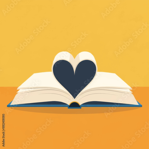 Open book with heart-shaped pages resting on a warm orange surface, symbolizing love of reading and imagination.