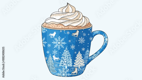 Festive Winter Beverage: Illustrated Mug with Cream