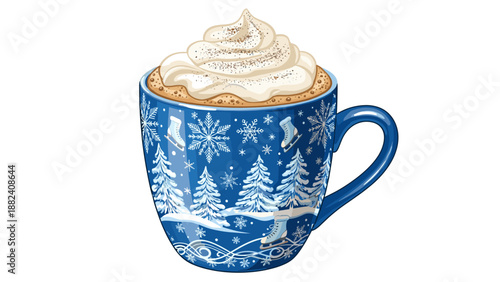 Festive Blue Mug of Hot Cocoa with Whipped Cream Illustration