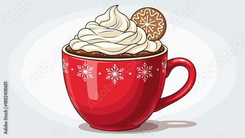 Festive Hot Chocolate with Whipped Cream and Gingerbread Cookie Illustration