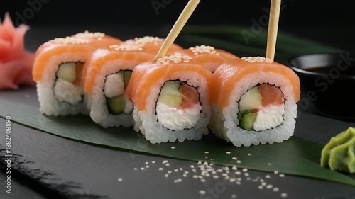 Delicious Sushi Rolls with Salmon, Wasabi, and Ginger on a Black Plate.