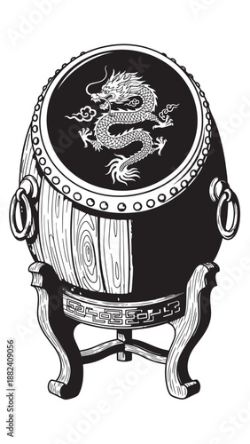 Antique Asian ceremonial drum with dragon motif on carved wooden stand.