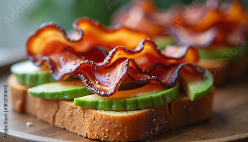 crispy bacon strips layered on toast with avocado slices
