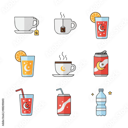 Collection of Beverage Containers and Drinks.