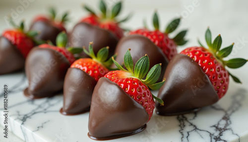 decadent chocolate-covered strawberries arranged on a marble platter