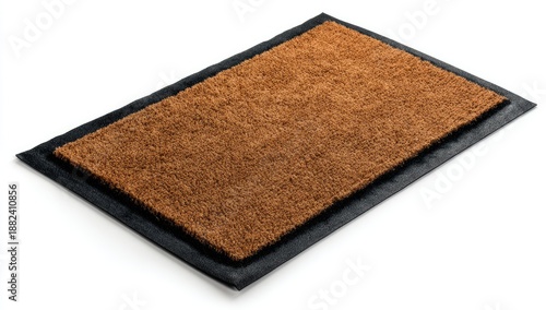A rectangular doormat in a two-layered design. The center features a brown, textured surface. It's bordered with black rubber, isolated on white