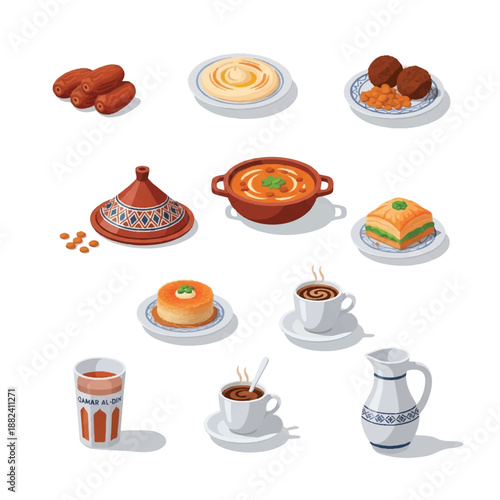 Assorted Moroccan Dishes and Beverages Displayed.