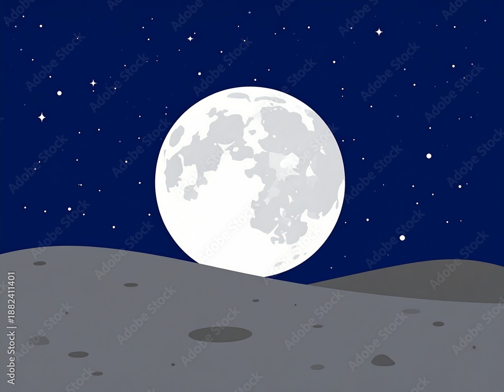 Naklejka premium Cartoon night scene of a big bright moon in the starry sky