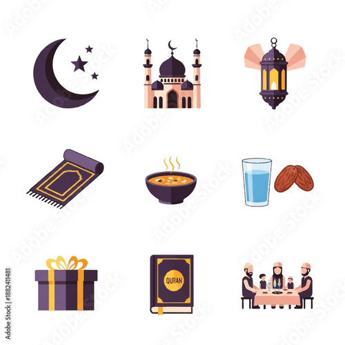 Ramadan Icons Featuring Crescent Moon and Lantern 1.