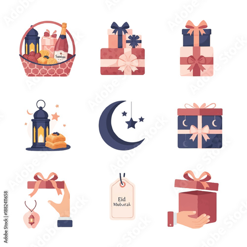 Gift Boxes and Ramadan Decorations with Crescent Moon.