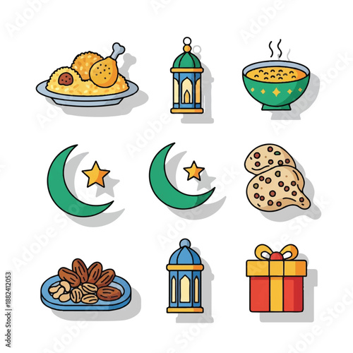 Ramadan themed food and decorations illustration.