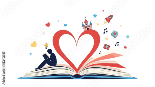 Open book with heart motif and joyful silhouettes celebrating reading and imagination.