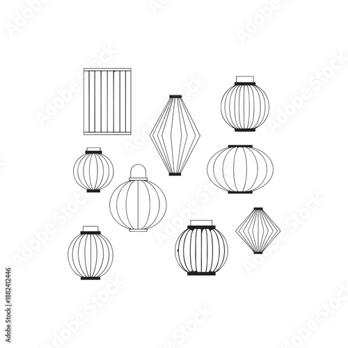 Set of decorative paper lantern silhouettes and outline shapes.