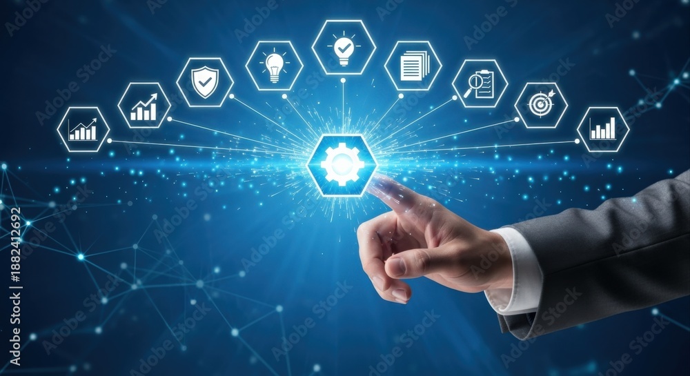Naklejka premium Business process automation and optimization, hand touching virtual interface with icons representing efficiency, quality, and productivity