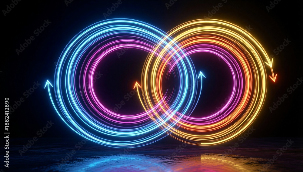 Naklejka premium Neon light circles glow in blue, purple and gold against dark background.