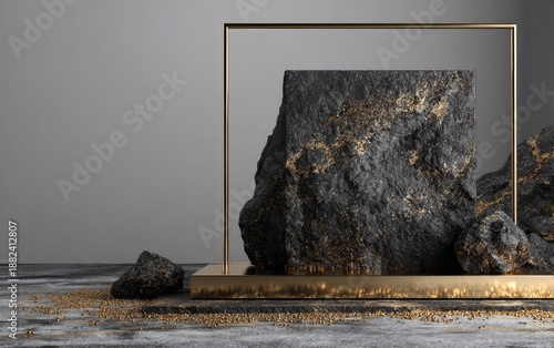 A stone-like cube inside a golden frame. Other dark-colored rocks scattered, with gold dust. Background is a gradient gray, smooth texture