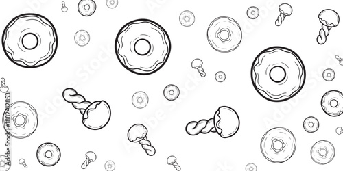 Seamless pattern of outline donuts and small creatures on white background