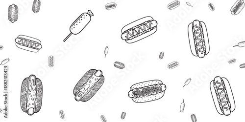 Hand-drawn illustration of hot dogs and sausages on a white background, casual food