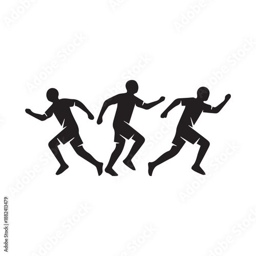 Dynamic black silhouettes of three swift athletes racing, symbolizing speed, determination, and competitive spirit in a spirited group sports event