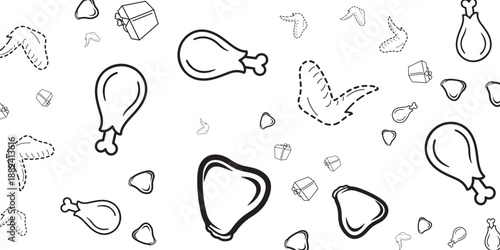 Illustrated pattern of assorted chicken pieces and wings on a white background