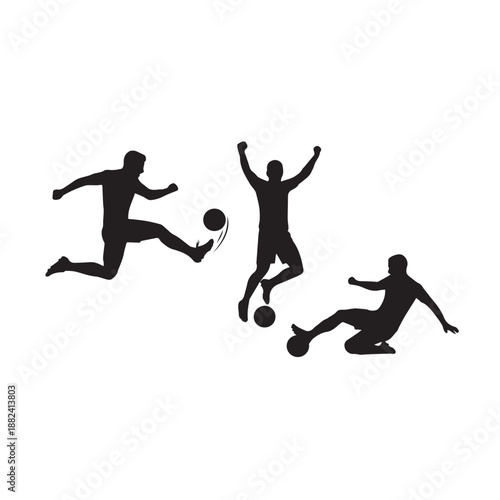 Dynamic vector silhouettes illustrating three male soccer players in energetic football action. Capturing a powerful kick, athletic jump with ball, and skillful slide tackle