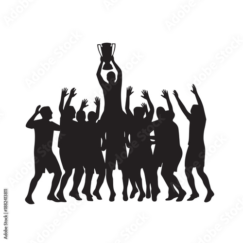 Silhouette of a triumphant team celebrating their hard-earned victory, raising the championship trophy high in a moment of pure joy and achievement, symbolizing collective success and determination
