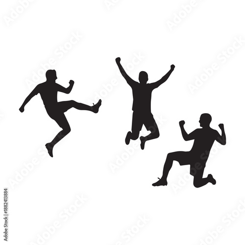 Dynamic silhouettes of male athletes engaged in various sporting actions, showcasing moments of powerful kicks, victorious jumps, and triumphant celebrations on a clean white background