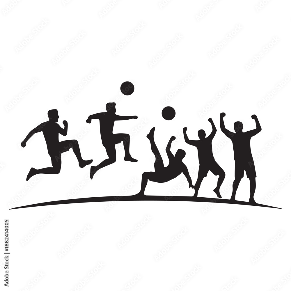 Obraz premium Dynamic black silhouettes of soccer players in energetic action poses, depicting the competitive spirit and excitement of a football game