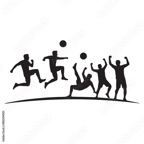 Dynamic black silhouettes of soccer players in energetic action poses, depicting the competitive spirit and excitement of a football game