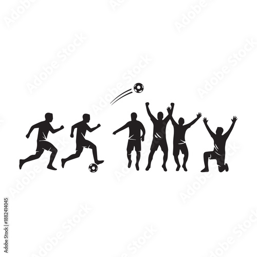 Dynamic soccer game illustration showing players dribbling and shooting the ball, with a team celebrating a moment of victory, embodying sportsmanship and athletic success