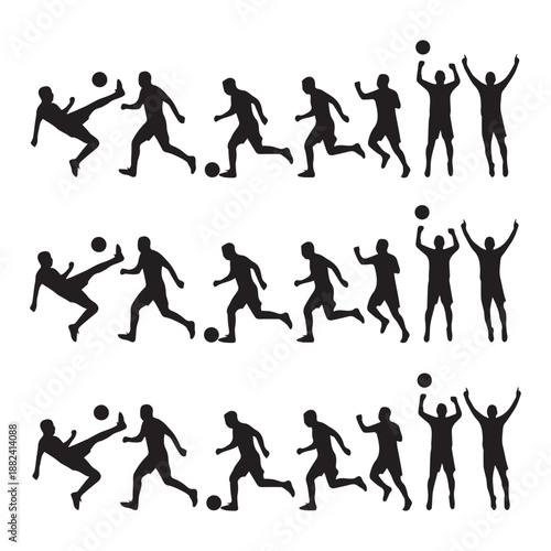 Stylized vector silhouettes of soccer players in dynamic action, depicting powerful kicks, agile dribbling, precise headers, and enthusiastic goal celebrations on the field