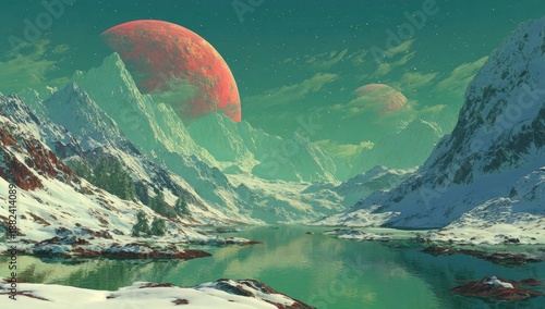 A surreal winter landscape, featuring snow-capped mountains and a calm lake, under a night sky with two celestial bodies