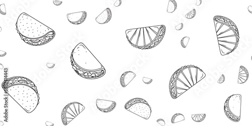 Delicious Taco Pattern - A Hand-Drawn Illustration of Various Tacos Scattered Across a White Background