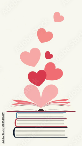 Romantic Hearts Rising Above Open Books: An Inspirational Illustration of Reading and Love.