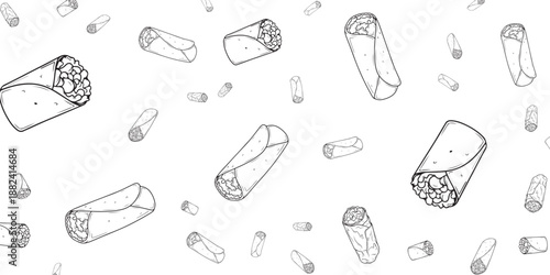 Seamless pattern of delicious burritos floating and scattered on a white background