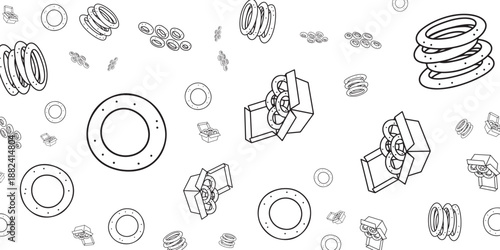 Seamless abstract pattern of mechanical components and springs in a geometric arrangement