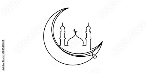 Continuous line drawing of a mosque and crescent moon, symbolizing islamic faith and ramadan Vector, illustration