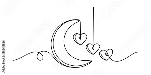 Continuous line art drawing of a crescent moon with three hanging hearts Vector, illustration