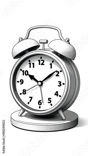 Classic silver alarm clock with twin bells and round dial on a white surface.