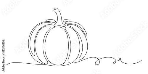 Continuous line drawing of a pumpkin on a white background with a curly vine