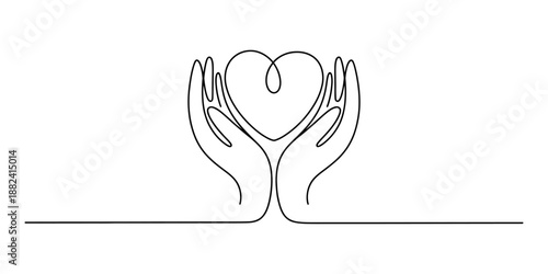 Continuous line drawing of hands holding a heart representing care and compassion