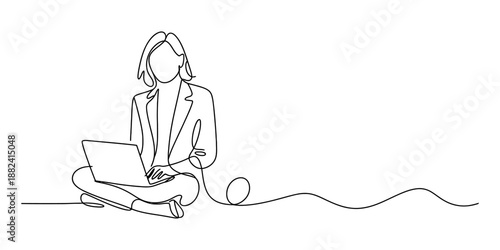 One continuous line drawing of a person sitting cross-legged and working remotely on a laptop