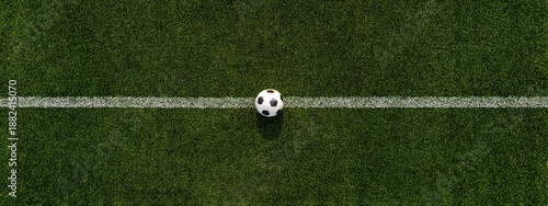 A top-down shot showcases a soccer ball resting on the center line of a grass field, the lines marking the playing area