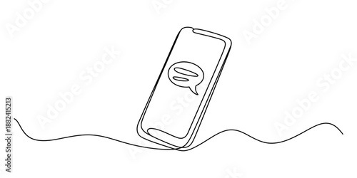 Single continuous line art illustrating a smartphone showing a text message bubble on the screen Vector, illustration