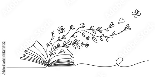 Continuous line drawing of an open book with flowers and leaves growing out of it Vector, illustration
