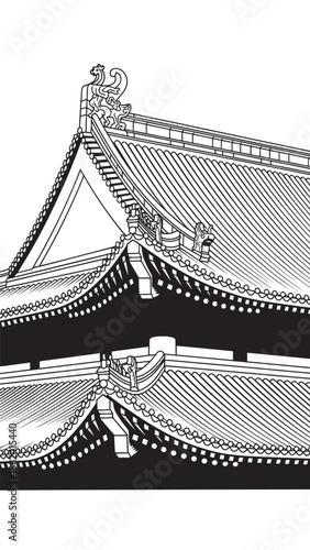 Black and white illustration of traditional Asian temple roof eaves and ornamental tiles.