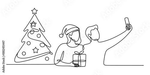 A continuous line drawing of a couple taking a selfie next to a christmas tree Vector, illustration