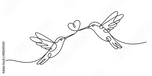 A beautiful minimalist continuous line drawing of two hummingbirds sharing a heart between their beaks Vector, illustration
