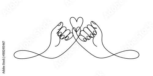 Continuous line art of two hands making a pinky promise with a heart and infinity symbol Vector, illustration