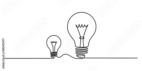Continuous line drawing of two light bulbs representing big and small ideas Vector, illustration